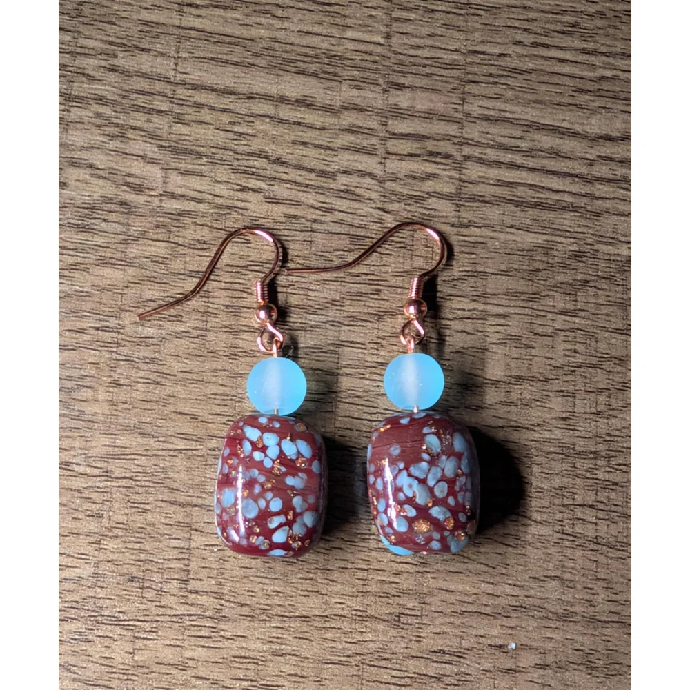 Blue & Brown Glass Dangle Earrings with Rose Gold Hooks Handmade Speckled Bead - Picture 6 of 8